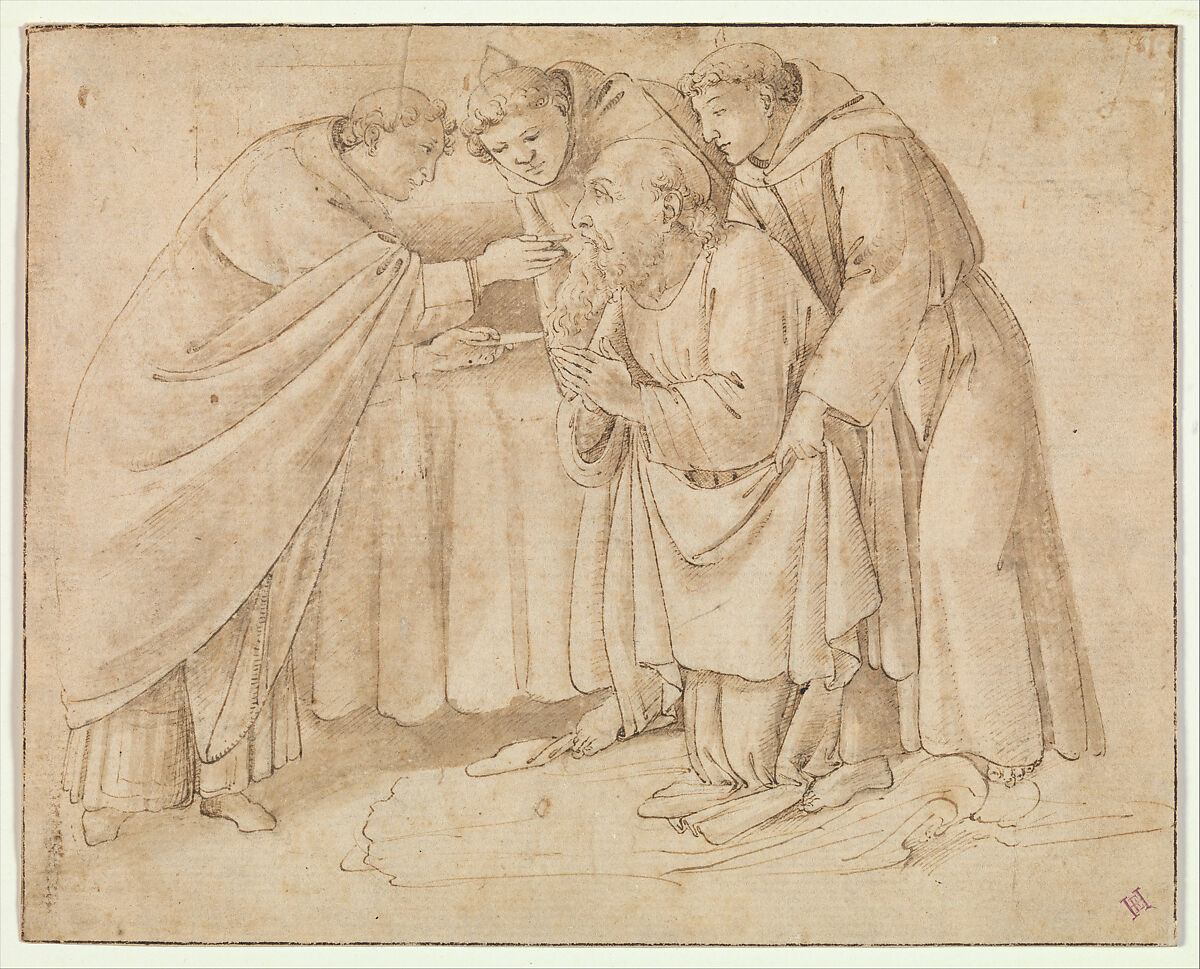 The Last Communion of Saint Jerome, Workshop of Botticelli (Alessandro di Mariano Filipepi) (Italian, Florence 1444/45–1510 Florence), Pen and brown ink, brown wash, traces of black chalk. 