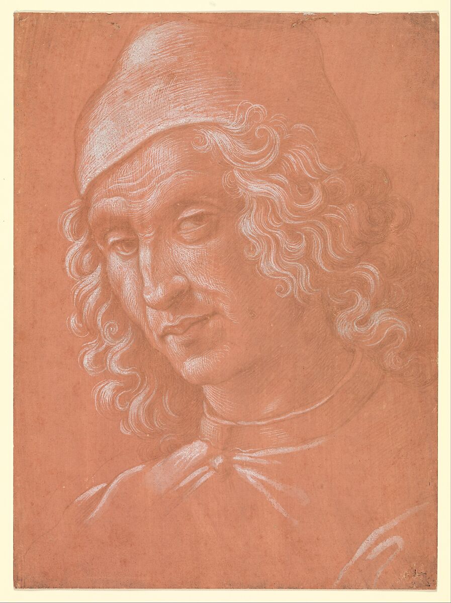 Head of a Man Wearing a Cap, Circle of Domenico Ghirlandaio (Domenico Bigordi) (Italian, Florence 1448/49–1494 Florence), Metalpoint, heightened with brush and white, on reddish orange prepared paper. 