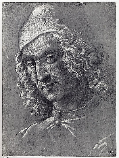 Head of a Man Wearing a Cap, Circle of Domenico Ghirlandaio (Domenico Bigordi) (Italian, Florence 1448/49–1494 Florence), Metalpoint, heightened with brush and white, on reddish orange prepared paper.