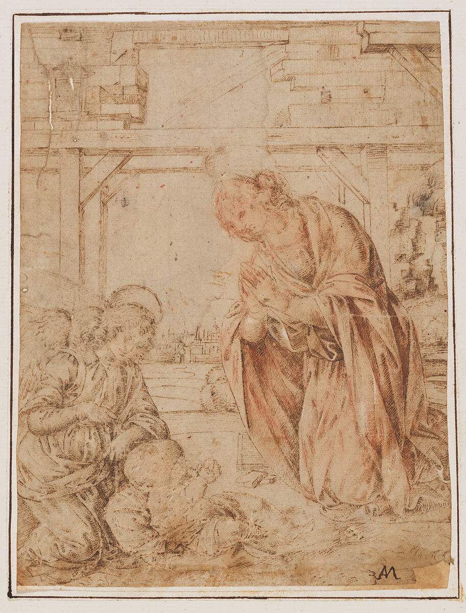 The Madonna Adoring the Child, with an Angel, School of Lorenzo di Credi (Lorenzo d&#39;Andrea d&#39;Oderigo) (Italian, Florence 1456/59–1536 Florence), Pen and brown ink, traces of white, over red chalk underdrawing of the Madonna. 