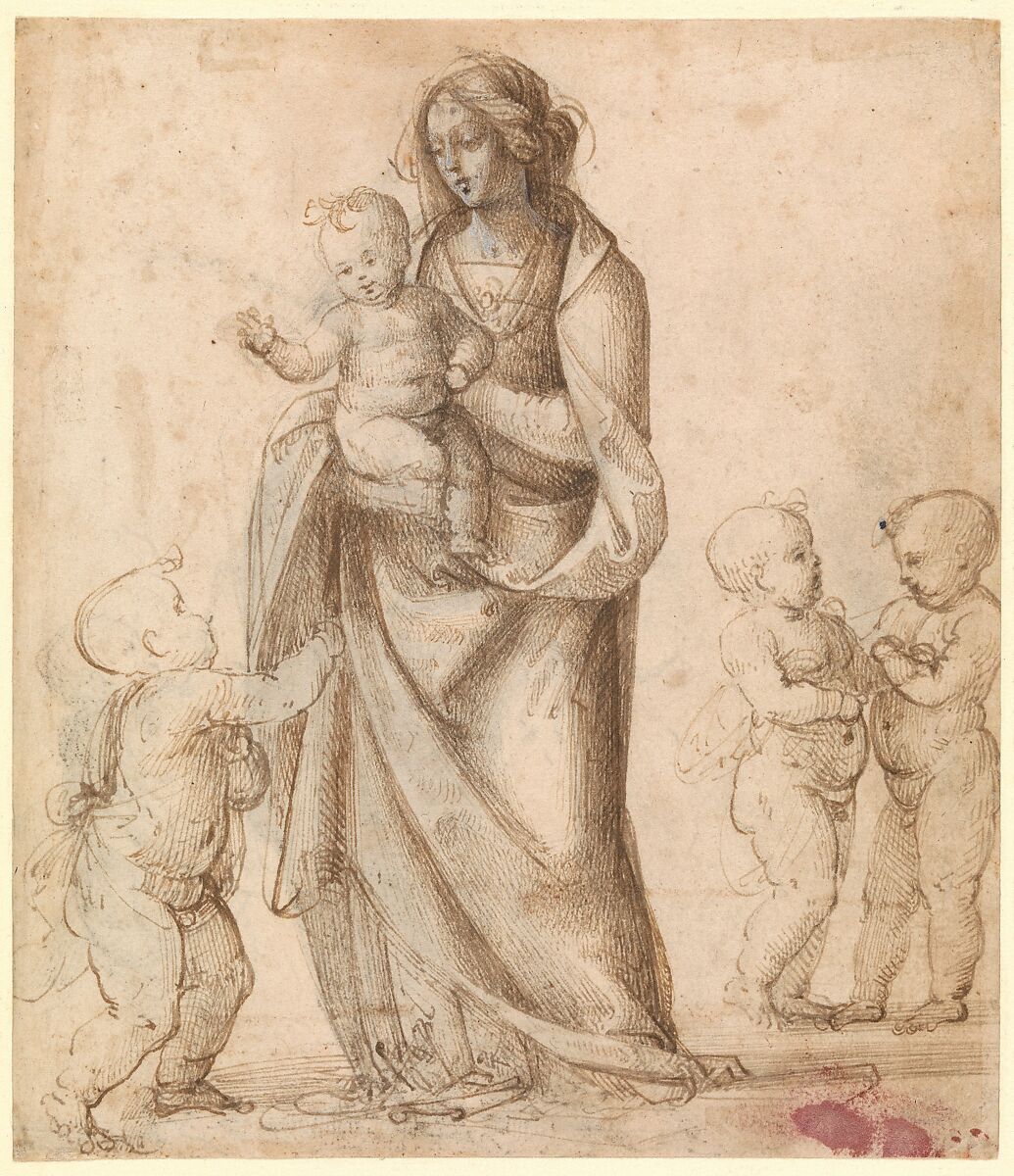 Madonna and Child with the Infant Saint John the Baptist and Two Putti (recto); Madonna and Child with the Infant Saint John the Baptist and a Putto (verso), Fra Bartolomeo (Bartolomeo di Paolo del Fattorino)  Italian, Pen and brown ink, touches of brown wash, heightened with white (partly oxidized), over traces of black chalk, on tinted paper; partial tracing of figures from the verso (recto); Pen and brown ink over black chalk (verso)