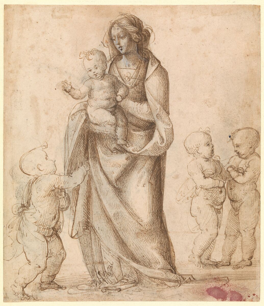 Madonna and Child with the Infant Saint John the Baptist and Two Putti (recto); Madonna and Child with the Infant Saint John the Baptist and a Putto (verso), Fra Bartolomeo (Bartolomeo di Paolo del Fattorino) (Italian, Florence 1473–1517 Florence), Pen and brown ink, touches of brown wash, heightened with white (partly oxidized), over traces of black chalk, on tinted paper; partial tracing of figures from the verso (recto); Pen and brown ink over black chalk (verso) 