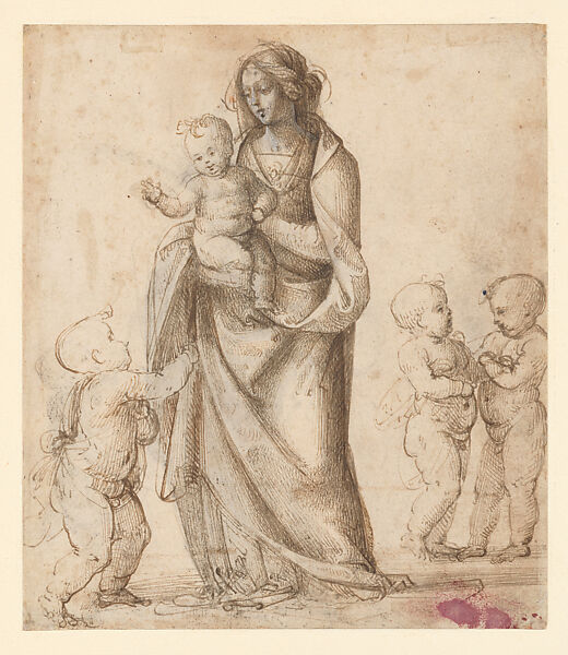 Madonna and Child with the Infant Saint John the Baptist and Two Putti (recto); Madonna and Child with the Infant Saint John the Baptist and a Putto (verso), Fra Bartolomeo (Bartolomeo di Paolo del Fattorino) (Italian, Florence 1473–1517 Florence), Pen and brown ink, touches of brown wash, heightened with white (partly oxidized), over traces of black chalk, on tinted paper; partial tracing of figures from the verso (recto); Pen and brown ink over black chalk (verso)