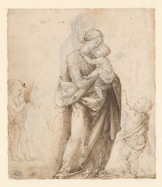 Madonna and Child with the Infant Saint John the Baptist and Two Putti (recto); Madonna and Child with the Infant Saint John the Baptist and a Putto (verso), Fra Bartolomeo (Bartolomeo di Paolo del Fattorino) (Italian, Florence 1473–1517 Florence), Pen and brown ink, touches of brown wash, heightened with white (partly oxidized), over traces of black chalk, on tinted paper; partial tracing of figures from the verso (recto); Pen and brown ink over black chalk (verso)