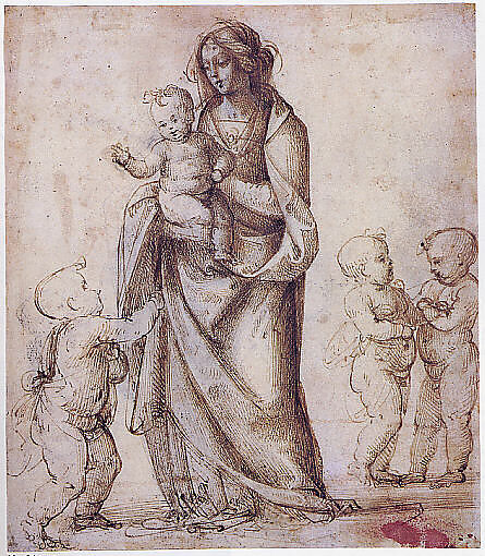 Madonna and Child with the Infant Saint John the Baptist and Two Putti (recto); Madonna and Child with the Infant Saint John the Baptist and a Putto (verso), Fra Bartolomeo (Bartolomeo di Paolo del Fattorino) (Italian, Florence 1473–1517 Florence), Pen and brown ink, touches of brown wash, heightened with white (partly oxidized), over traces of black chalk, on tinted paper; partial tracing of figures from the verso (recto); Pen and brown ink over black chalk (verso)