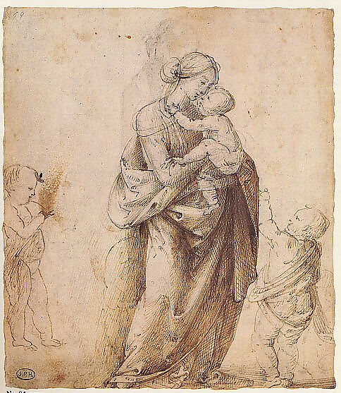 Madonna and Child with the Infant Saint John the Baptist and Two Putti (recto); Madonna and Child with the Infant Saint John the Baptist and a Putto (verso), Fra Bartolomeo (Bartolomeo di Paolo del Fattorino) (Italian, Florence 1473–1517 Florence), Pen and brown ink, touches of brown wash, heightened with white (partly oxidized), over traces of black chalk, on tinted paper; partial tracing of figures from the verso (recto); Pen and brown ink over black chalk (verso)