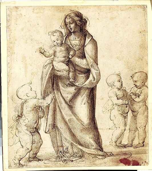 Madonna and Child with the Infant Saint John the Baptist and Two Putti (recto); Madonna and Child with the Infant Saint John the Baptist and a Putto (verso), Fra Bartolomeo (Bartolomeo di Paolo del Fattorino) (Italian, Florence 1473–1517 Florence), Pen and brown ink, touches of brown wash, heightened with white (partly oxidized), over traces of black chalk, on tinted paper; partial tracing of figures from the verso (recto); Pen and brown ink over black chalk (verso)