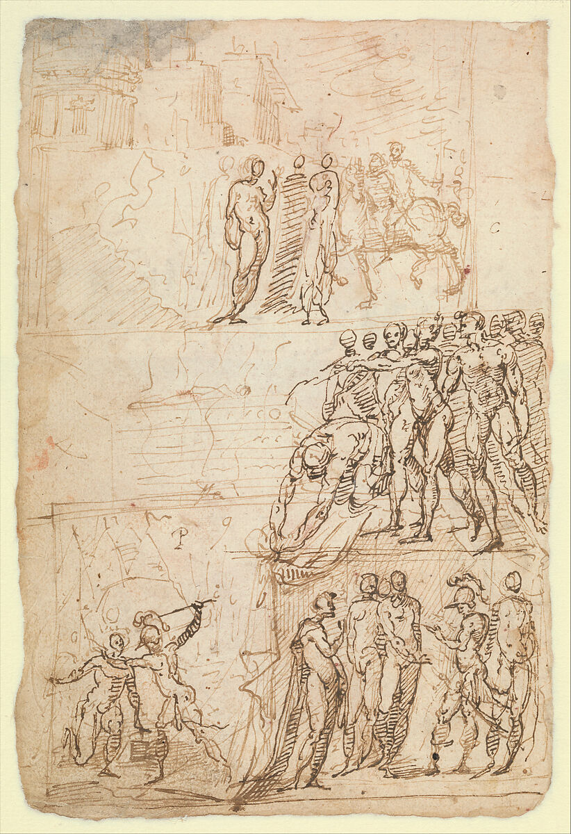 Page from a Sketchbook Depicting a City under Siege and a Scene of Homage(?) (recto); standing figures and a horseman; male and female figures; a battle scene (verso), Follower of Domenico Beccafumi (Italian, Cortine in Valdibiana Montaperti 1484–1551 Siena), Pen and brown ink; at the top, traces of a sketch in red chalk (recto); Pen and light brown ink, some of the figures redrawn by the same hand in dark brown ink (verso)