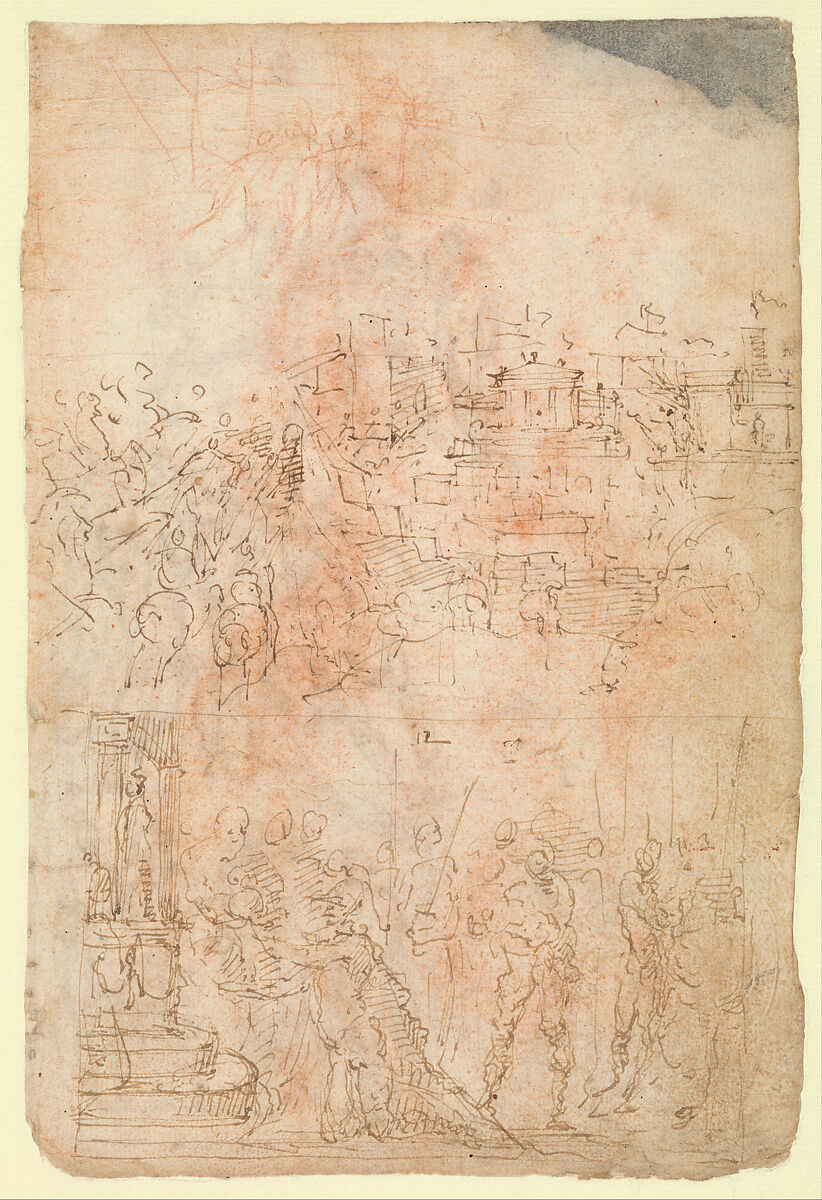 Page from a Sketchbook Depicting a City under Siege and a Scene of Homage(?) (recto); standing figures and a horseman; male and female figures; a battle scene (verso), Follower of Domenico Beccafumi (Italian, Cortine in Valdibiana Montaperti 1484–1551 Siena), Pen and brown ink; at the top, traces of a sketch in red chalk (recto); Pen and light brown ink, some of the figures redrawn by the same hand in dark brown ink (verso) 