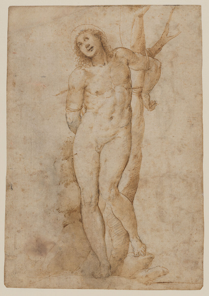 Saint Sebastian (recto); sketches of a male head and a standing figure in a short cape; a copy of the figure on the recto (verso), Follower of Sodoma (Giovanni Antonio Bazzi) (Italian, Vercelli 1477–1549 Siena), Pen and brown ink, brown wash, over black chalk (recto); pen and brown ink, black chalk (verso) 