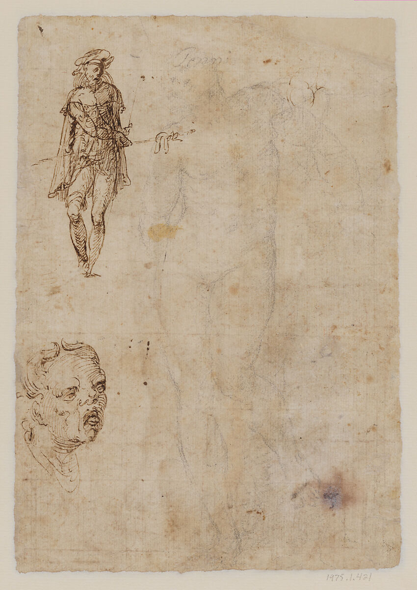 Saint Sebastian (recto); sketches of a male head and a standing figure in a short cape; a copy of the figure on the recto (verso), Follower of Sodoma (Giovanni Antonio Bazzi) (Italian, Vercelli 1477–1549 Siena), Pen and brown ink, brown wash, over black chalk (recto); pen and brown ink, black chalk (verso)