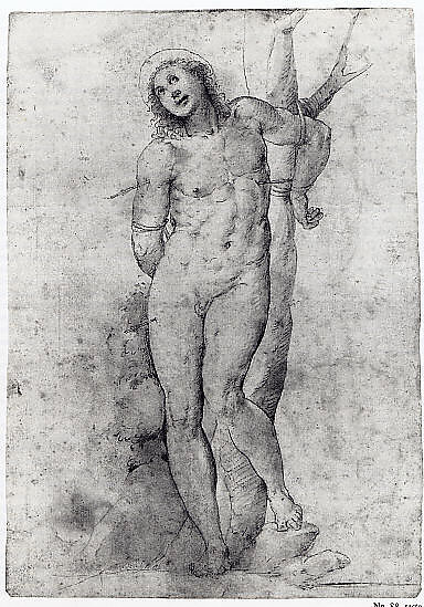 Saint Sebastian (recto); sketches of a male head and a standing figure in a short cape; a copy of the figure on the recto (verso), Follower of Sodoma (Giovanni Antonio Bazzi) (Italian, Vercelli 1477–1549 Siena), Pen and brown ink, brown wash, over black chalk (recto); pen and brown ink, black chalk (verso)