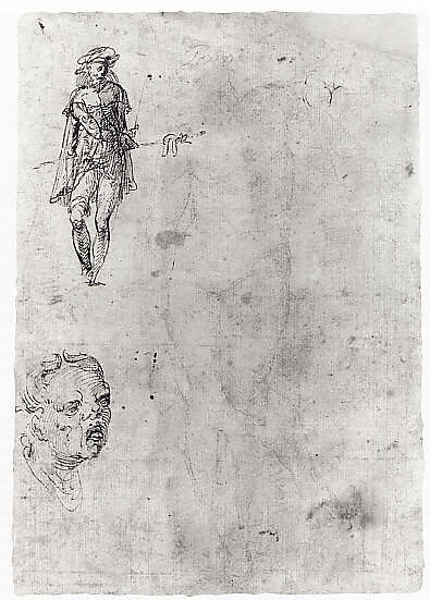 Saint Sebastian (recto); sketches of a male head and a standing figure in a short cape; a copy of the figure on the recto (verso), Follower of Sodoma (Giovanni Antonio Bazzi) (Italian, Vercelli 1477–1549 Siena), Pen and brown ink, brown wash, over black chalk (recto); pen and brown ink, black chalk (verso)