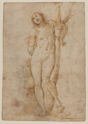 Saint Sebastian (recto); sketches of a male head and a standing figure in a short cape; a copy of the figure on the recto (verso)