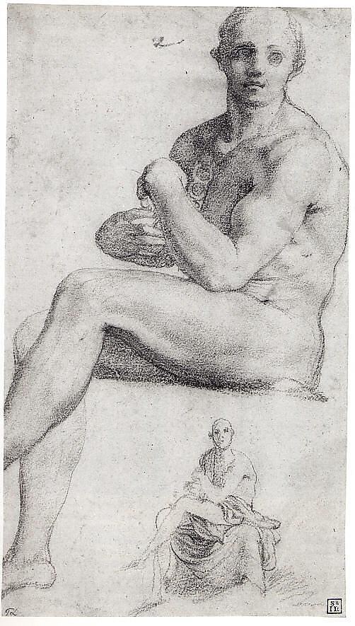 Two Studies of a Seated Male Nude, Follower of Jacopo da Pontormo (Jacopo Carucci) (Italian, Pontormo 1494–1556 Florence), Black chalk