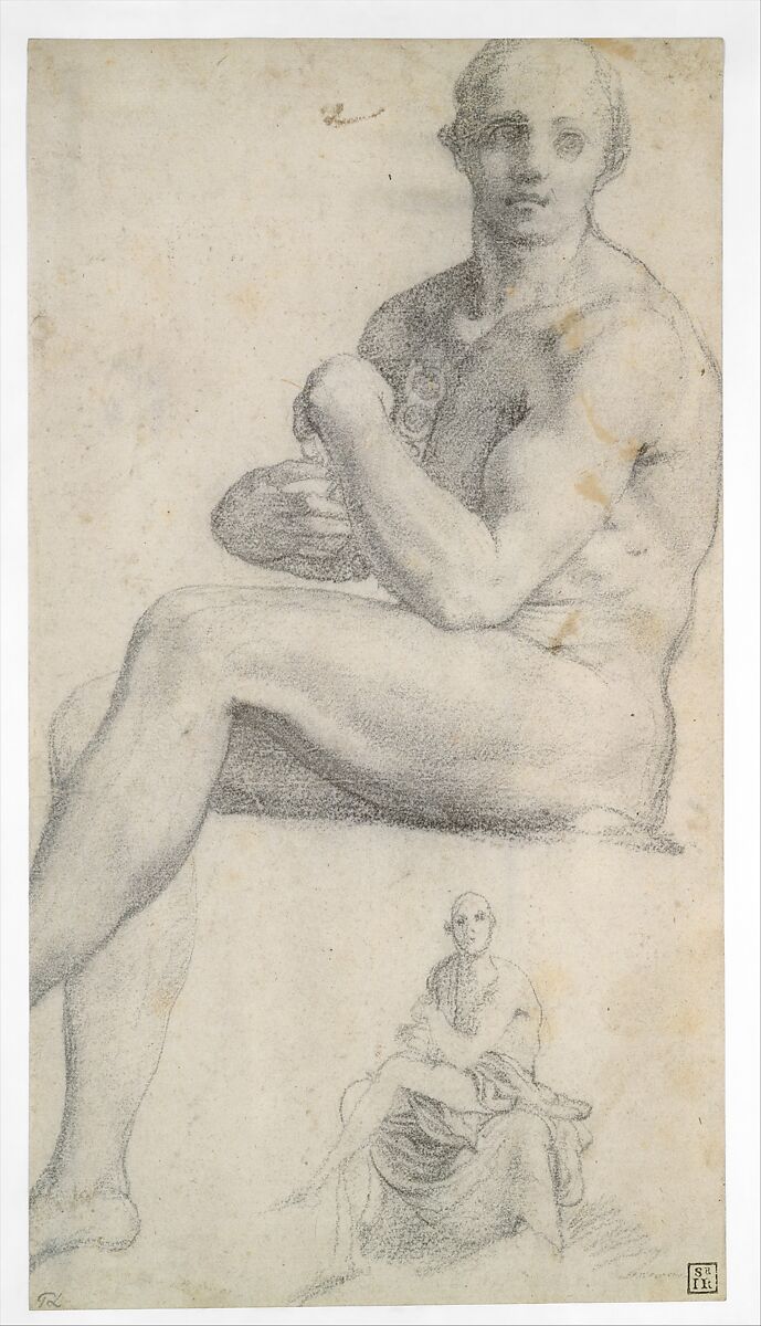 Two Studies of a Seated Male Nude, Follower of Jacopo da Pontormo (Jacopo Carucci) (Italian, Pontormo 1494–1556 Florence), Black chalk 