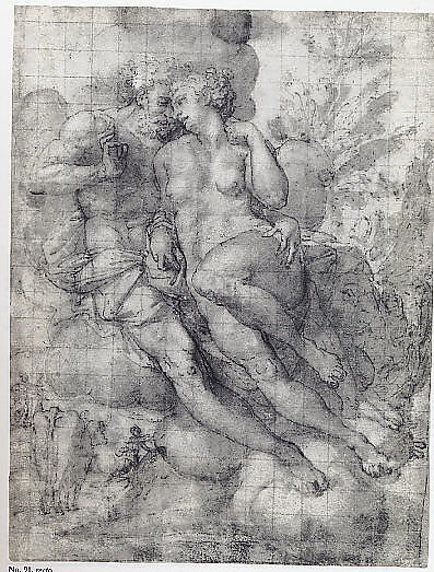Jupiter and Io (recto); sketch of a male figure stabbing himself in the chest (verso), Attributed to Francesco Salviati (Francesco de' Rossi) (Italian, Florence 1510–1563 Rome), Pen and brown ink, brush and brown wash, over traces of black chalk; squared in red chalk (recto); pen and gray ink (verso)