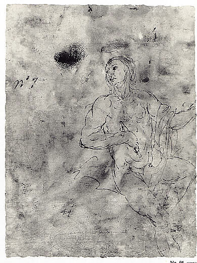 Jupiter and Io (recto); sketch of a male figure stabbing himself in the chest (verso), Attributed to Francesco Salviati (Francesco de' Rossi) (Italian, Florence 1510–1563 Rome), Pen and brown ink, brush and brown wash, over traces of black chalk; squared in red chalk (recto); pen and gray ink (verso)