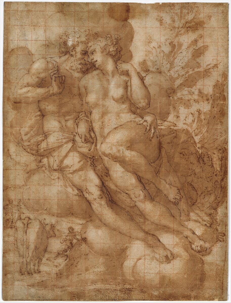 Jupiter and Io (recto); sketch of a male figure stabbing himself in the chest (verso), Attributed to Francesco Salviati (Francesco de&#39; Rossi) (Italian, Florence 1510–1563 Rome), Pen and brown ink, brush and brown wash, over traces of black chalk; squared in red chalk (recto); pen and gray ink (verso) 