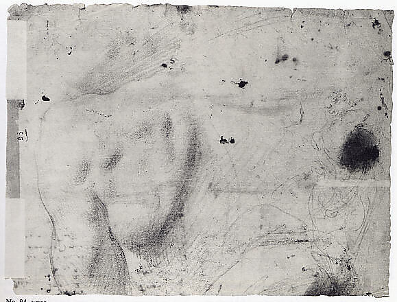 Studies of the Leg of a Man and a Horse's Head (recto); sketches of the back of a man's left shoulder and a chained (?) figure., Central Italian  , second quarter 16th century, Pen and brown ink (the horse's head in a different pen and brown ink), brush and wash in two shades of brown (recto); red chalk and pencil (verso), Central Italian