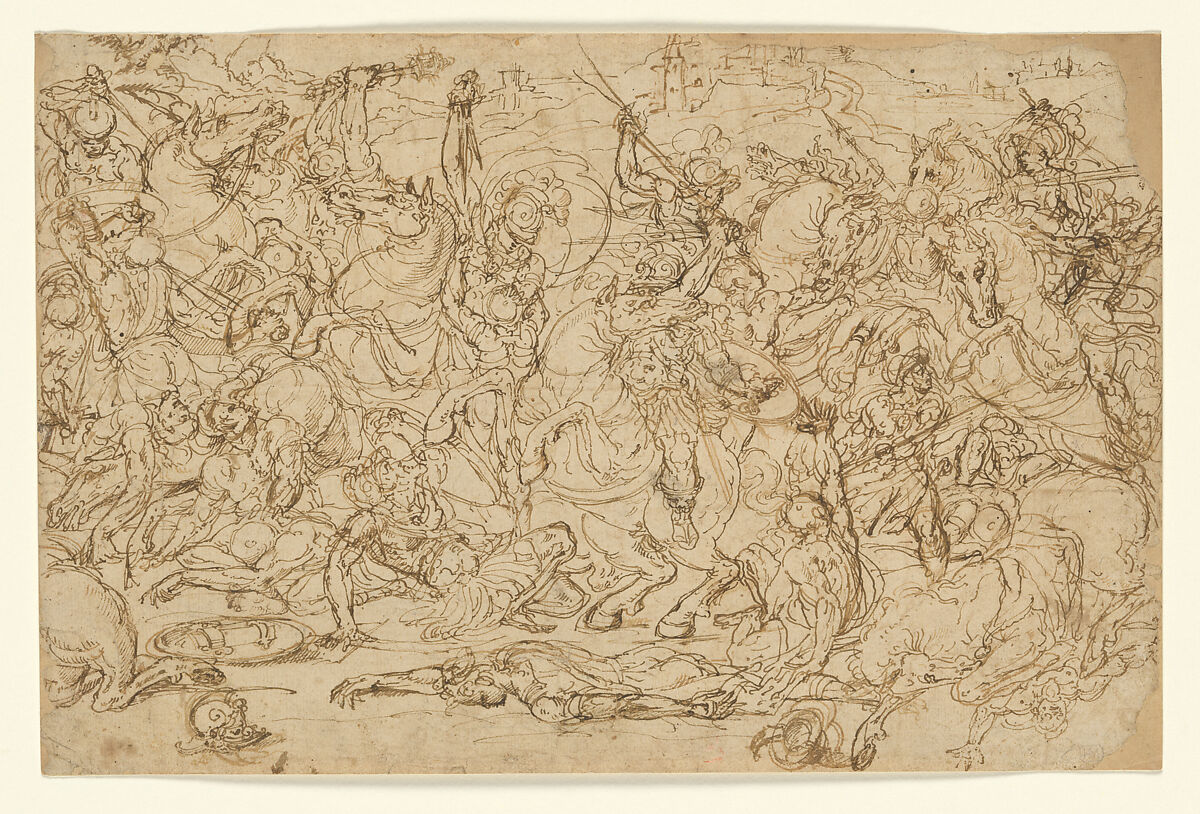 Battle of Horsemen and Foot Soldiers, Attributed to Guglielmo della Porta (Italian, Porlezza, near Lake Lugano ca. 1500–1577 Rome), Pen and dark and light brown ink. 