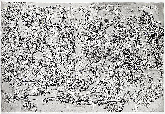 Battle of Horsemen and Foot Soldiers, Attributed to Guglielmo della Porta (Italian, Porlezza, near Lake Lugano ca. 1500–1577 Rome), Pen and dark and light brown ink.