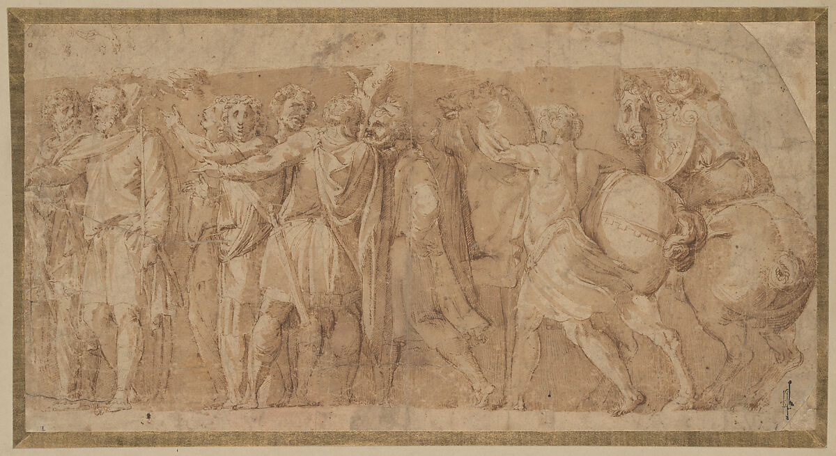 Frieze with Male Figures and Two Horses, After Polidoro da Caravaggio (Italian, Caravaggio ca. 1499–ca. 1543 Messina), Pen and brown ink, brown wash. 