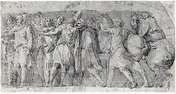 Frieze with Male Figures and Two Horses, After Polidoro da Caravaggio (Italian, Caravaggio ca. 1499–ca. 1543 Messina), Pen and brown ink, brown wash.
