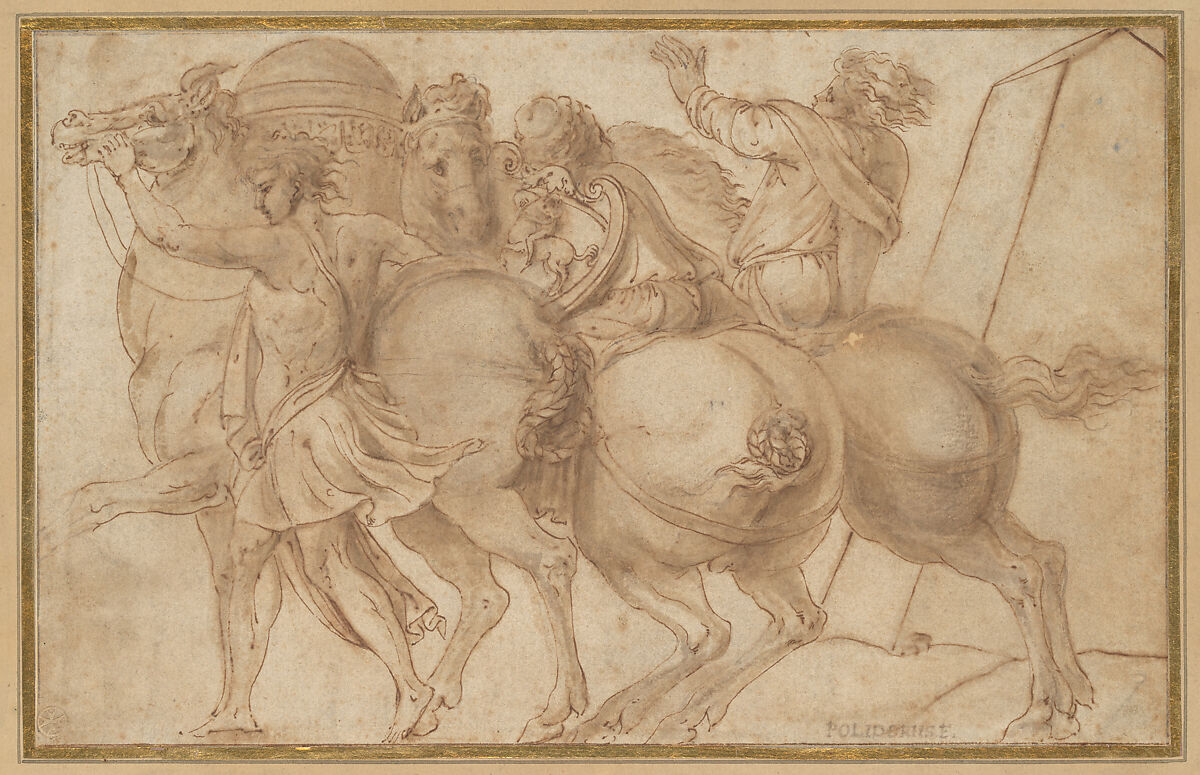 Frieze with Three Horsemen, After Polidoro da Caravaggio (Italian, Caravaggio ca. 1499–ca. 1543 Messina), Pen and brown ink, brush and brown and gray wash. 