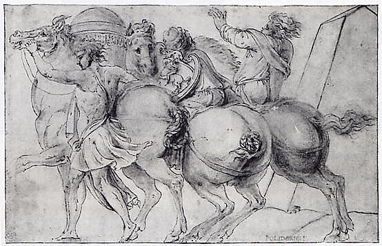Frieze with Three Horsemen, After Polidoro da Caravaggio (Italian, Caravaggio ca. 1499–ca. 1543 Messina), Pen and brown ink, brush and brown and gray wash.