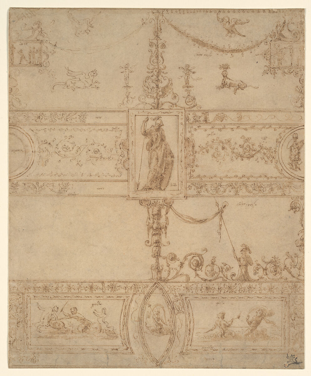 Design for a Grotesque Decoration, Luzio Luzzi (also known as Luzio Romano, Luzio da Todi) (Italian, active Rome, documented 1519–1582), Pen and brown ink, brown wash. 