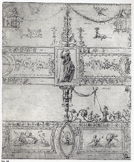 Design for a Grotesque Decoration, Luzio Luzzi (also known as Luzio Romano, Luzio da Todi) (Italian, active Rome, documented 1519–1582), Pen and brown ink, brown wash.