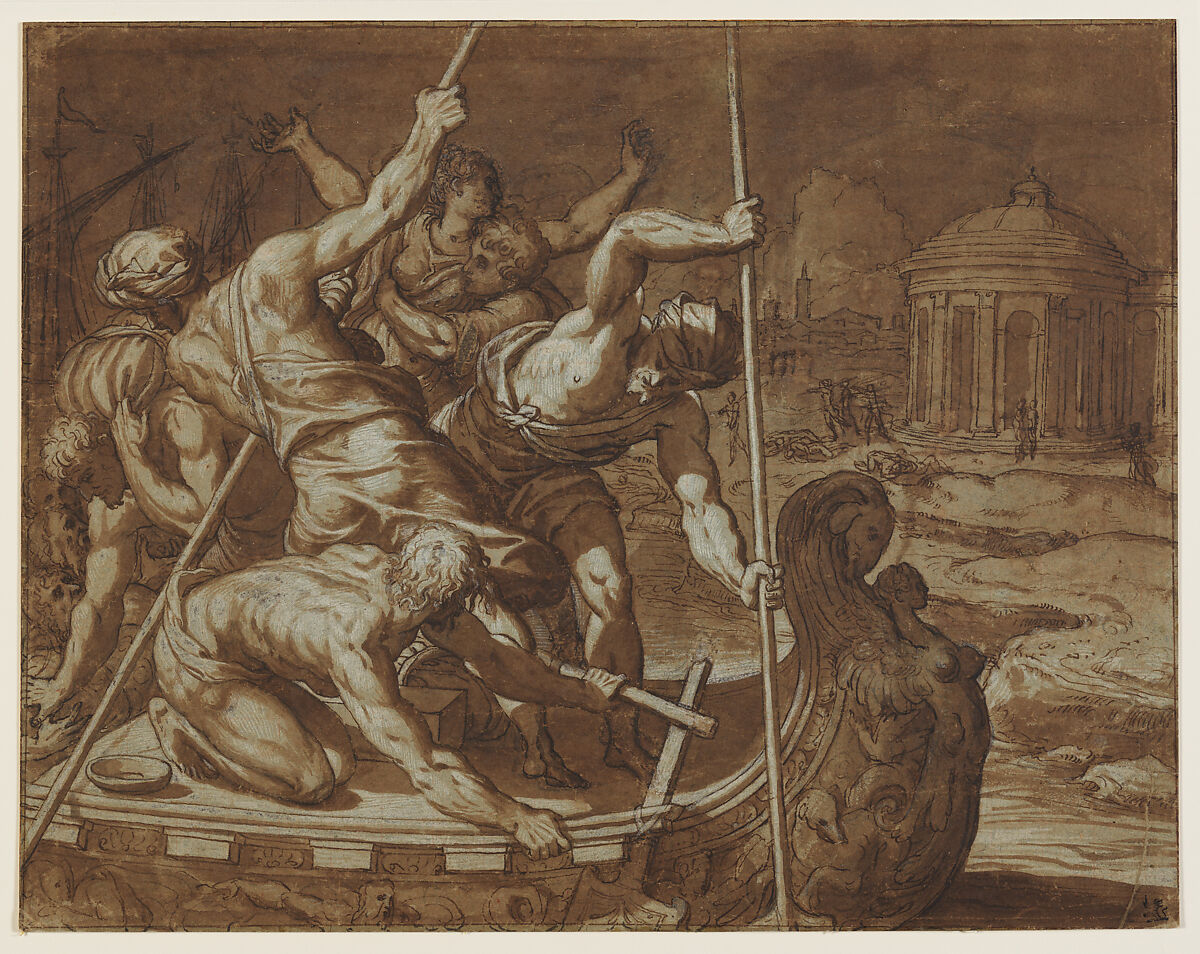 The Abduction of Helen, Giuseppe Salviati (Giuseppe Porta, called Il Salviati) (Italian, Castelnuovo di Garfagnana ca. 1520–ca. 1575 Venice), Pen and brown ink, brown wash, heightened with white (partly oxidized), over traces of black chalk, on light blue paper. 