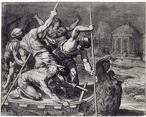 The Abduction of Helen, Giuseppe Salviati (Giuseppe Porta, called Il Salviati) (Italian, Castelnuovo di Garfagnana ca. 1520–ca. 1575 Venice), Pen and brown ink, brown wash, heightened with white (partly oxidized), over traces of black chalk, on light blue paper.