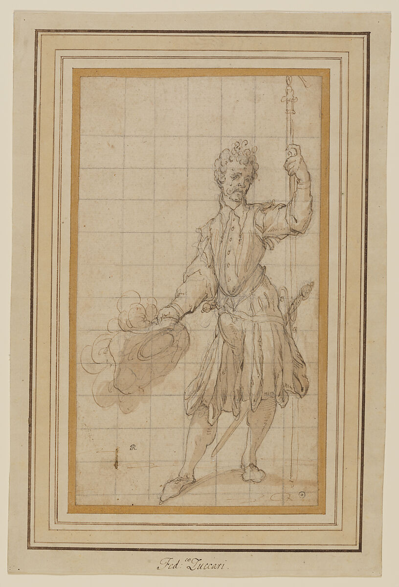 A Swiss Guard, Attributed to Federico Zuccaro (Zuccari) (Italian, Sant&#39;Angelo in Vado 1540/42–1609 Ancona), Pen and brown ink, brown wash, over extensive black chalk underdrawing; squared in black chalk. 