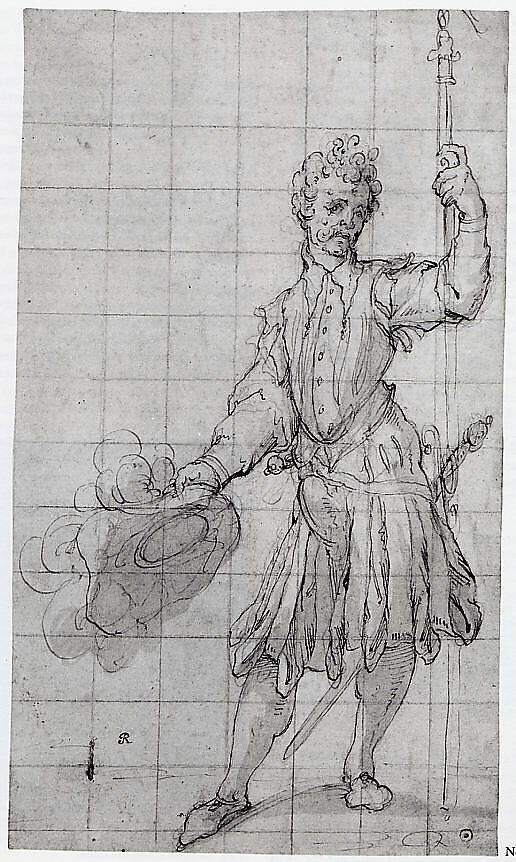 A Swiss Guard, Attributed to Federico Zuccaro (Zuccari) (Italian, Sant'Angelo in Vado 1540/42–1609 Ancona), Pen and brown ink, brown wash, over extensive black chalk underdrawing; squared in black chalk.