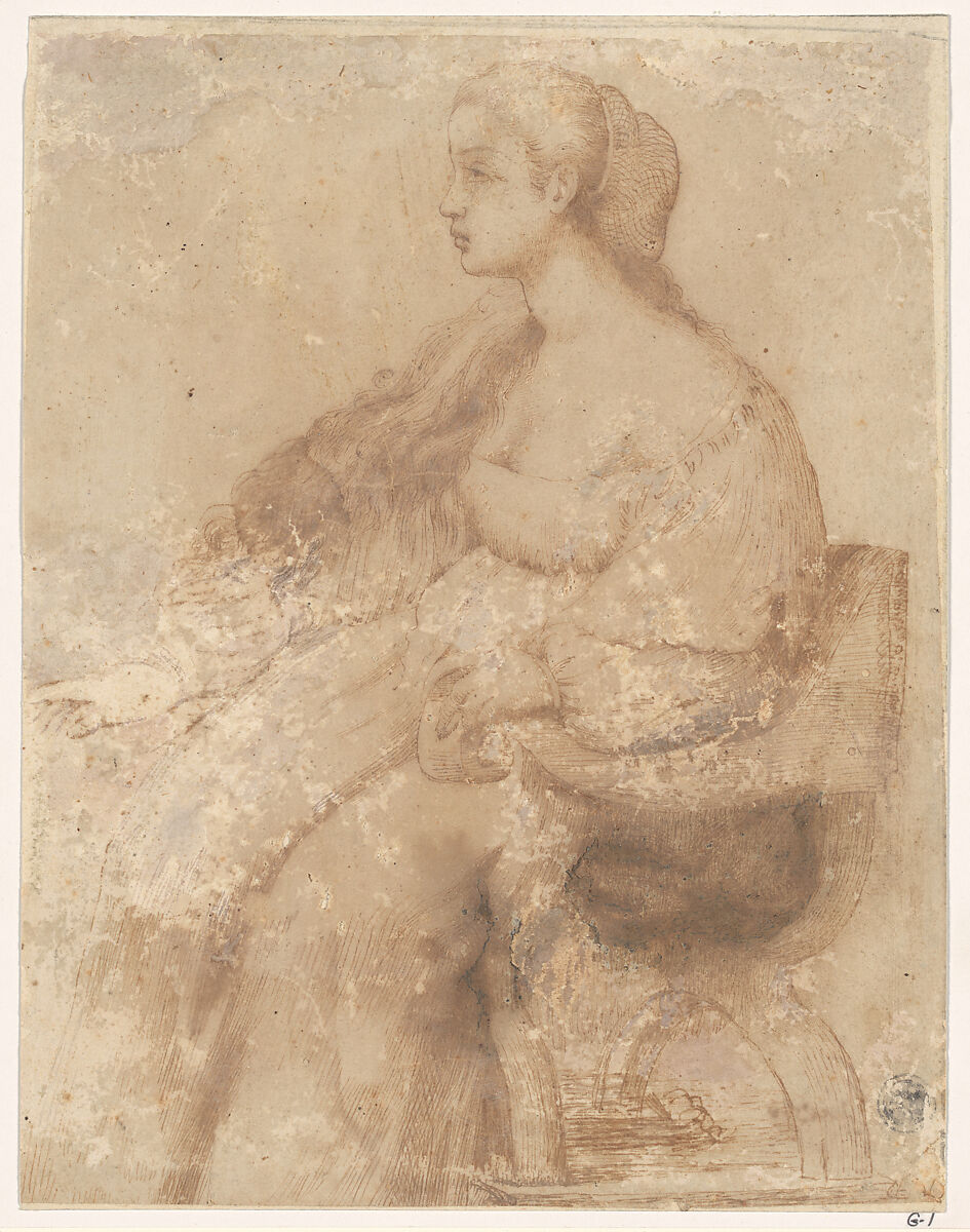 A Young Woman Seated in a Chair, Central Italy, Pen and brown ink on paper washed with light brown, Central Italian