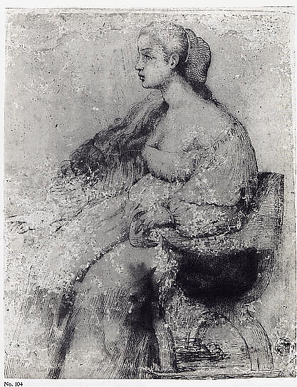 A Young Woman Seated in a Chair, Central Italy (1600–1699), Pen and brown ink on paper washed with light brown, Central Italian