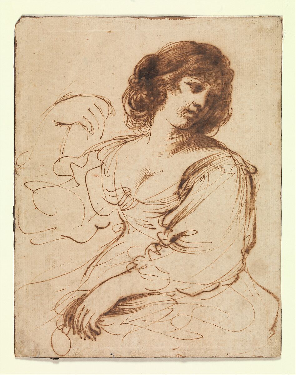A Seated Young Woman Looking Over Her Shoulder, Guercino (Giovanni Francesco Barbieri) (Italian, Cento 1591–1666 Bologna) (?), Pen and brown ink 