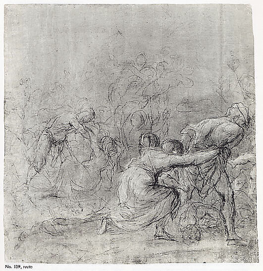 The Massacre of the Innocents, The Veneto (1600–1699), Black chalk, heightened with white (partly oxidized), on paper tinted orangish red.