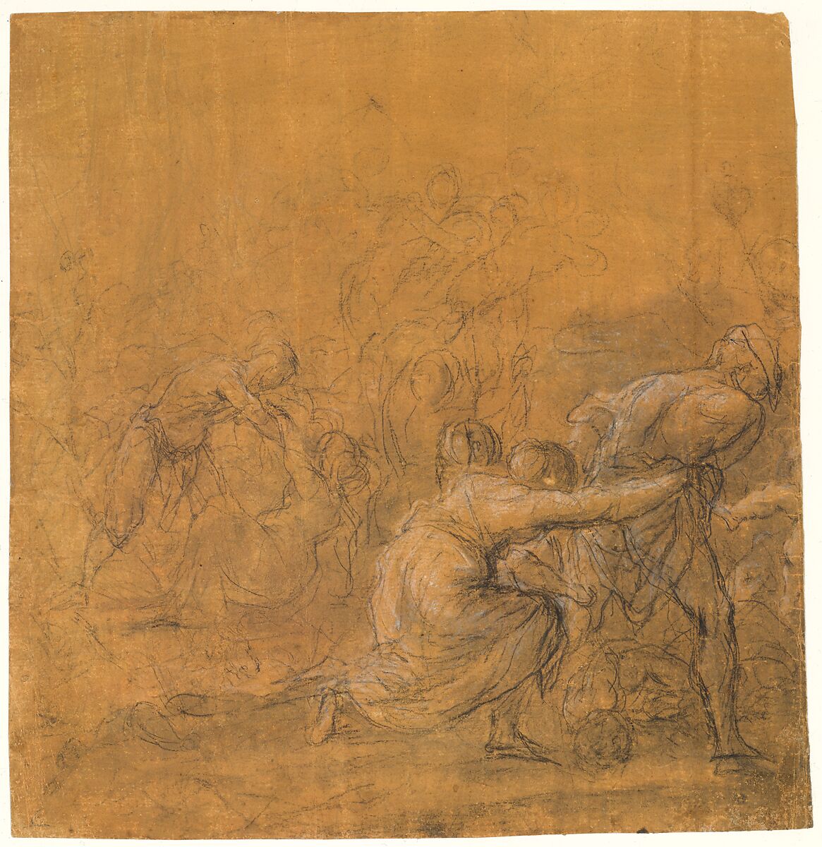 The Massacre of the Innocents, The Veneto (1600–1699), Black chalk, heightened with white (partly oxidized), on paper tinted orangish red. 