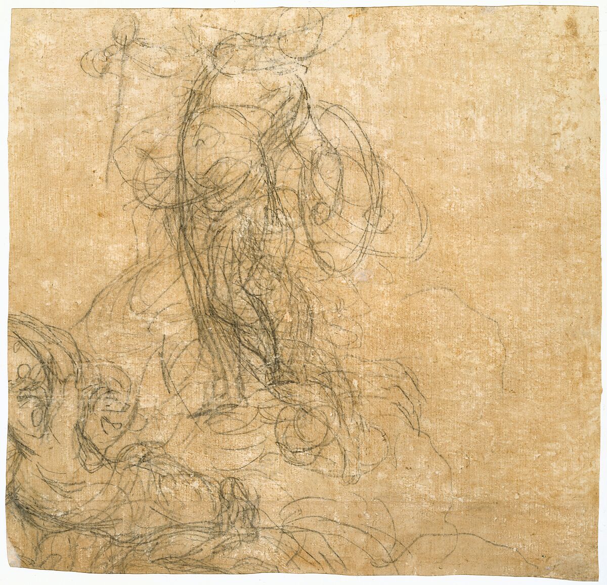 The Massacre of the Innocents, The Veneto (1600–1699), Black chalk, heightened with white (partly oxidized), on paper tinted orangish red.