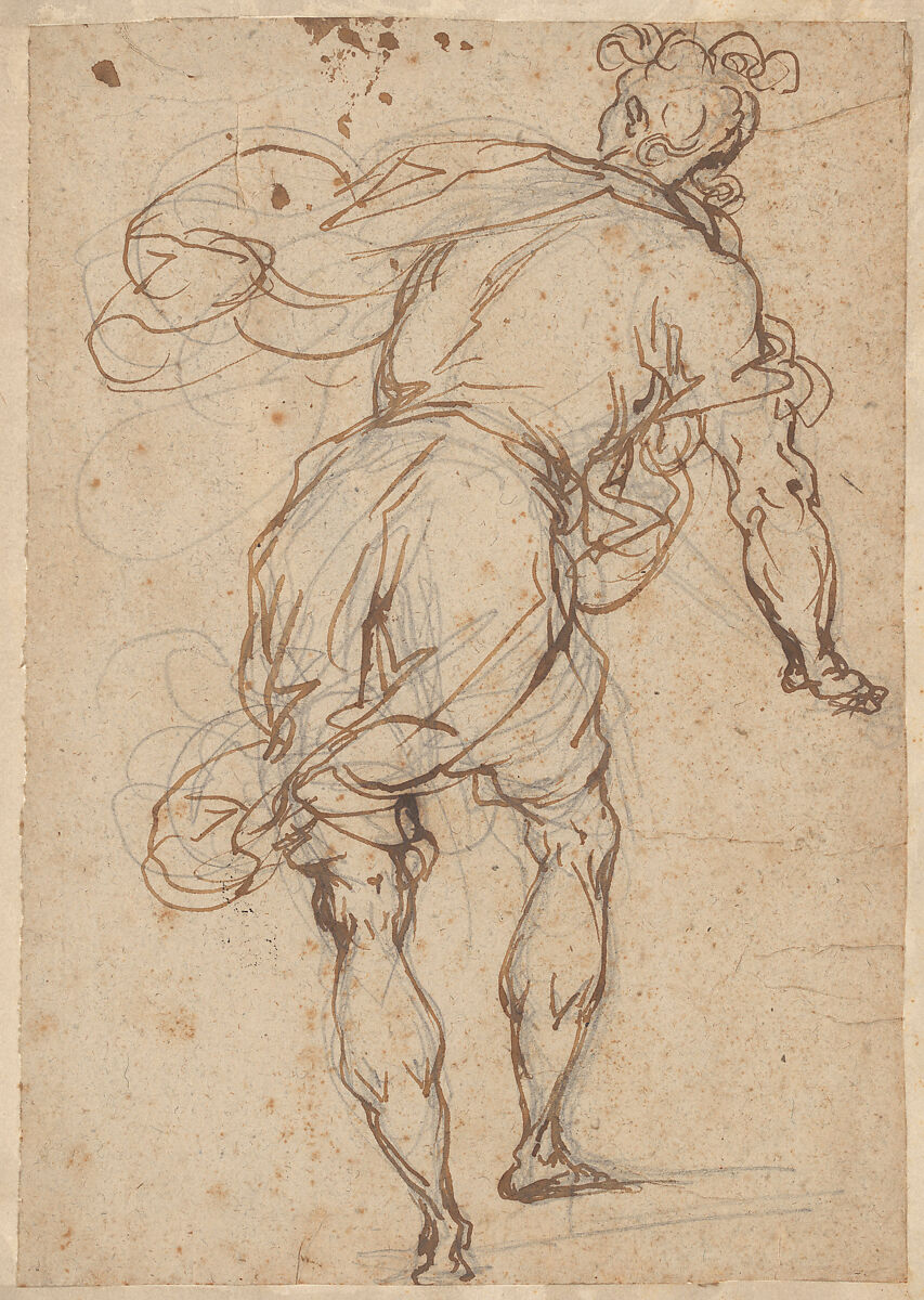 Male Figure Seen from Behind, Alessandro Maganza (Italian, Vicenza 1556–after 1630 Vicenza (?)), Pen and brown ink, over a pencil sketch 
