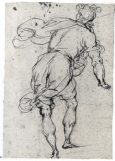 Male Figure Seen from Behind, Alessandro Maganza (Italian, Vicenza 1556–after 1630 Vicenza (?)), Pen and brown ink, over a pencil sketch