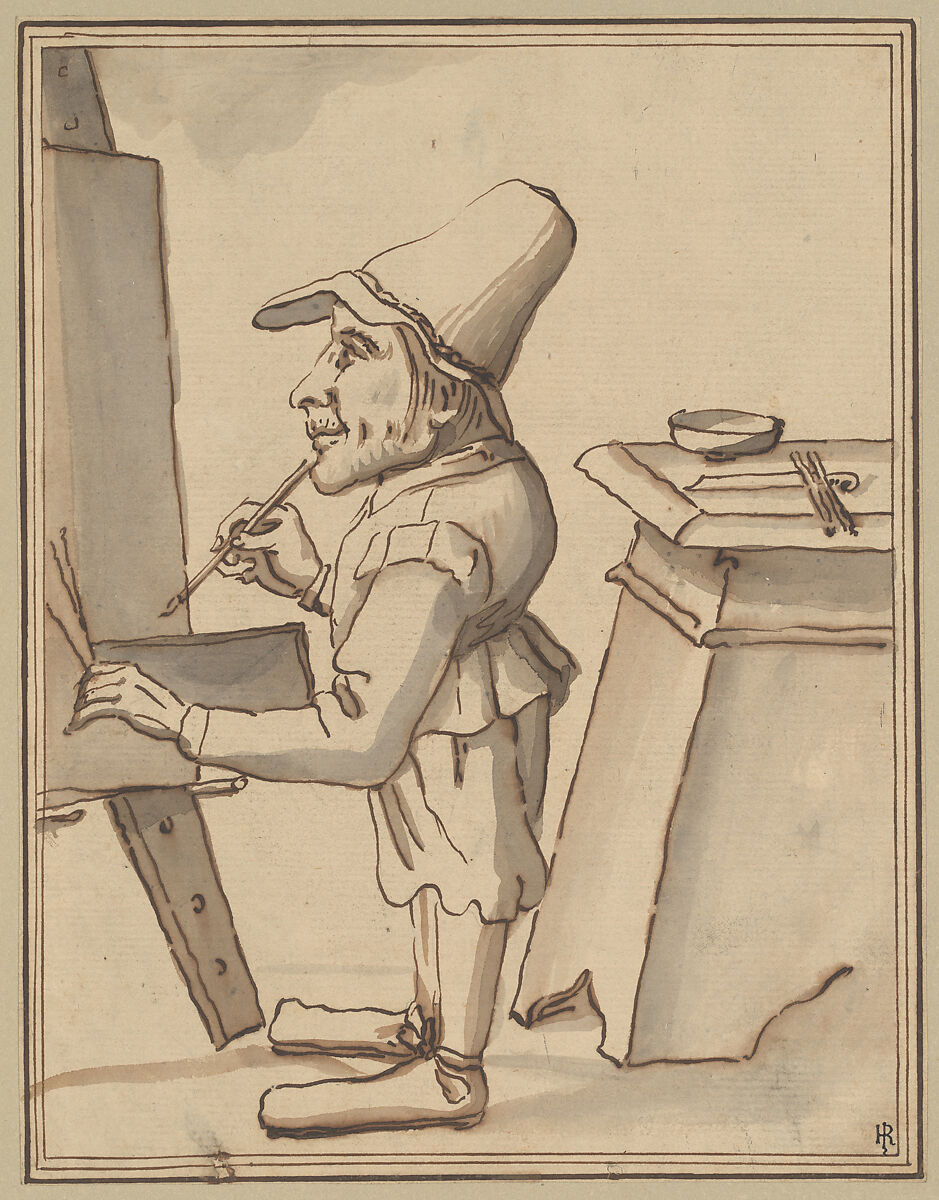 Caricature of  a Dwarf Painter at His Easel, Tuscany (?), Pen and brown ink, gray and brown wash, Italian, Tuscan(?) 