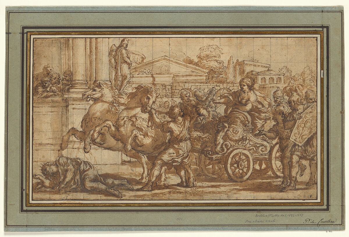 Tullia Driving Her Chariot over the Body of Her Father, Ciro Ferri (Italian, Rome 1634?–1689 Rome), Pen and brown ink, brown wash, over black pencil; squared in black chalk. 