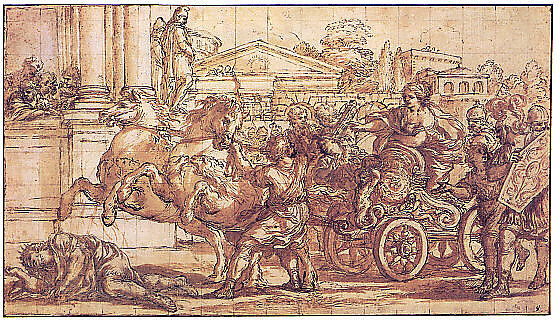 Tullia Driving Her Chariot over the Body of Her Father, Ciro Ferri (Italian, Rome 1634?–1689 Rome), Pen and brown ink, brown wash, over black pencil; squared in black chalk.