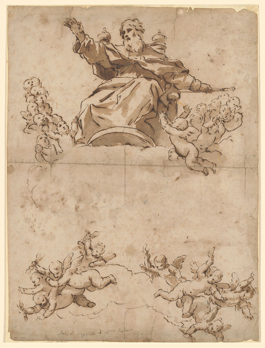 The Almighty with Angels, Luca Giordano (Italian, Naples 1634–1705 Naples), Pen and brown ink, brown wash, over black chalk sketch. 