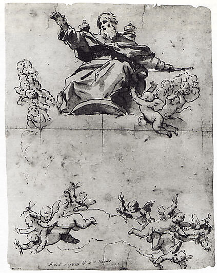 The Almighty with Angels, Luca Giordano (Italian, Naples 1634–1705 Naples), Pen and brown ink, brown wash, over black chalk sketch.