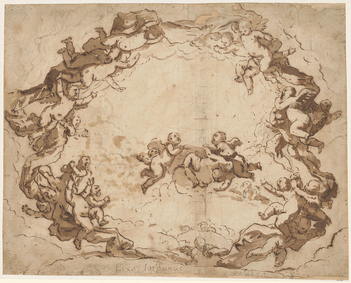 A Glory of Angels, Luca Giordano (Italian, Naples 1634–1705 Naples), Pen and brown ink, brown wash, over black chalk sketch. 